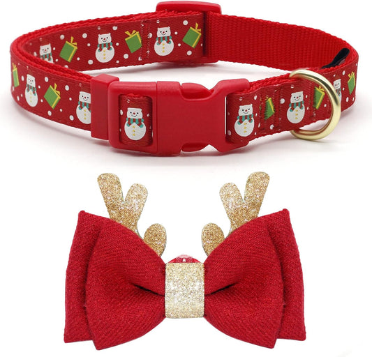 Christmas Dog Collar Adjustable with Christmas Antler Bow Tie for Medium Dogs