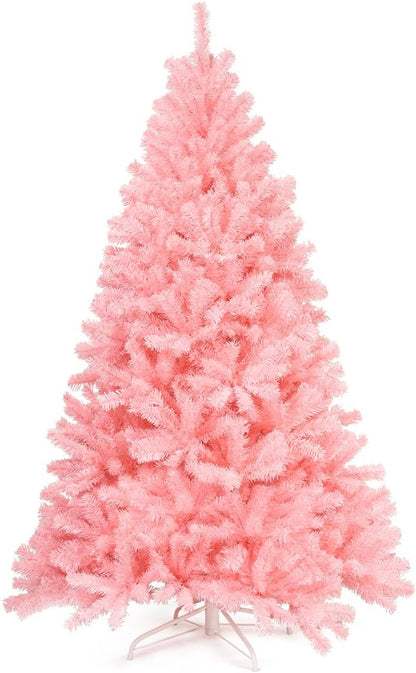 6ft/7.5ft Pink Artificial Christmas Tree, Unlit Hinged Spruce Full Tree Metal Stand, Easy Assembly, Indoor Outdoor