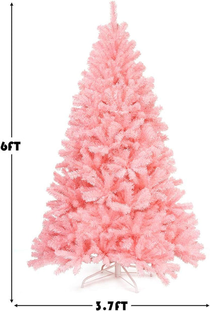 6ft/7.5ft Pink Artificial Christmas Tree, Unlit Hinged Spruce Full Tree Metal Stand, Easy Assembly, Indoor Outdoor