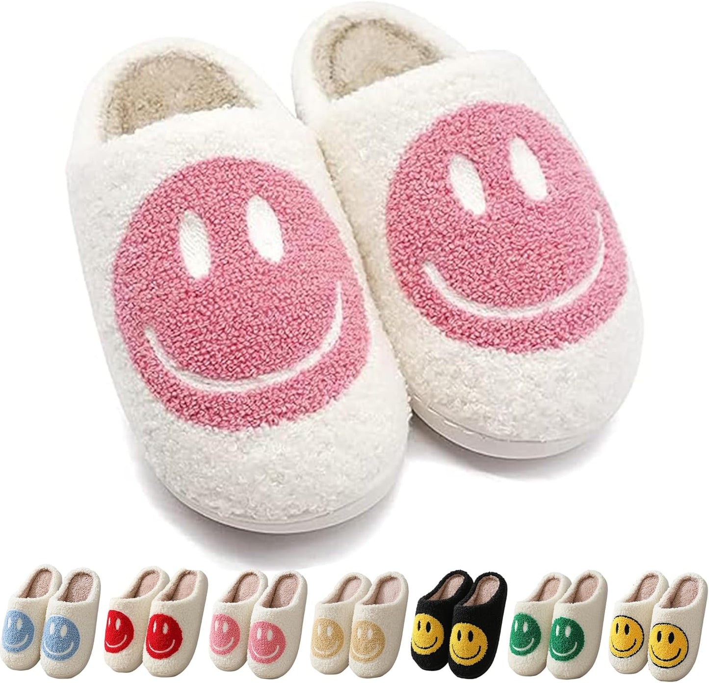 Happy Face Retro Slippers Cozy Comfy Plush Warm Slip-On Winter Soft Fuzzy Indoor House Shoes with Memory Foam for Men Women