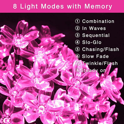 2 Pack Pink Solar Flower String Lights, Each 30.6FT 50LED Outdoor Waterproof, 8 Mode Pink Cherry Blossoms Fairy Lights for Garden Patio Lawn 