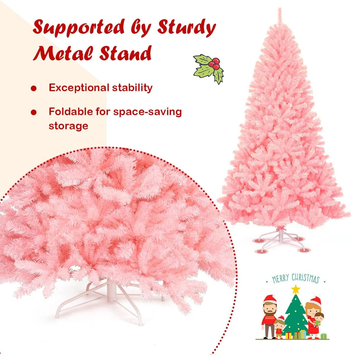 6ft/7.5ft Pink Artificial Christmas Tree, Unlit Hinged Spruce Full Tree Metal Stand, Easy Assembly, Indoor Outdoor