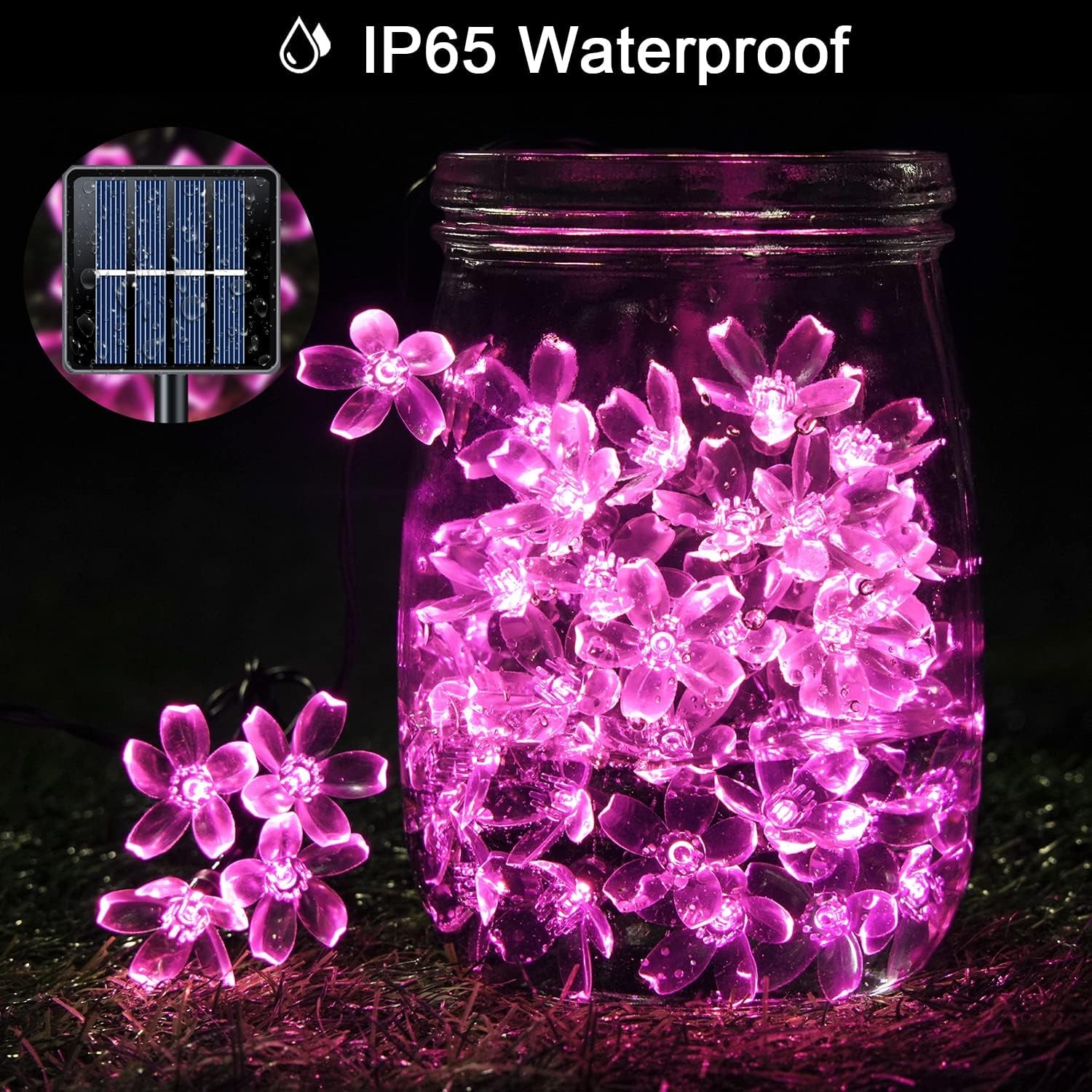 2 Pack Pink Solar Flower String Lights, Each 30.6FT 50LED Outdoor Waterproof, 8 Mode Pink Cherry Blossoms Fairy Lights for Garden Patio Lawn 