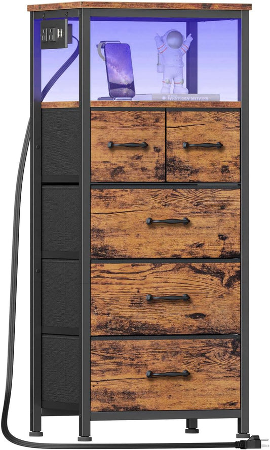 Tall Vertical LED Dresser with Charging Station with Wood Shelf, 5 Drawer, Fabric Bins (Rustic Brown)