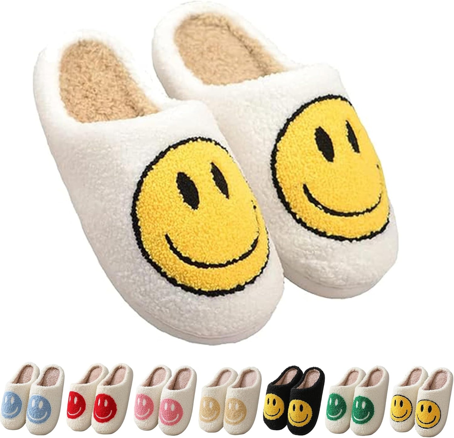 Happy Face Retro Slippers Cozy Comfy Plush Warm Slip-On Winter Soft Fuzzy Indoor House Shoes with Memory Foam for Men Women