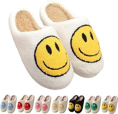 Happy Face Retro Slippers Cozy Comfy Plush Warm Slip-On Winter Soft Fuzzy Indoor House Shoes with Memory Foam for Men Women