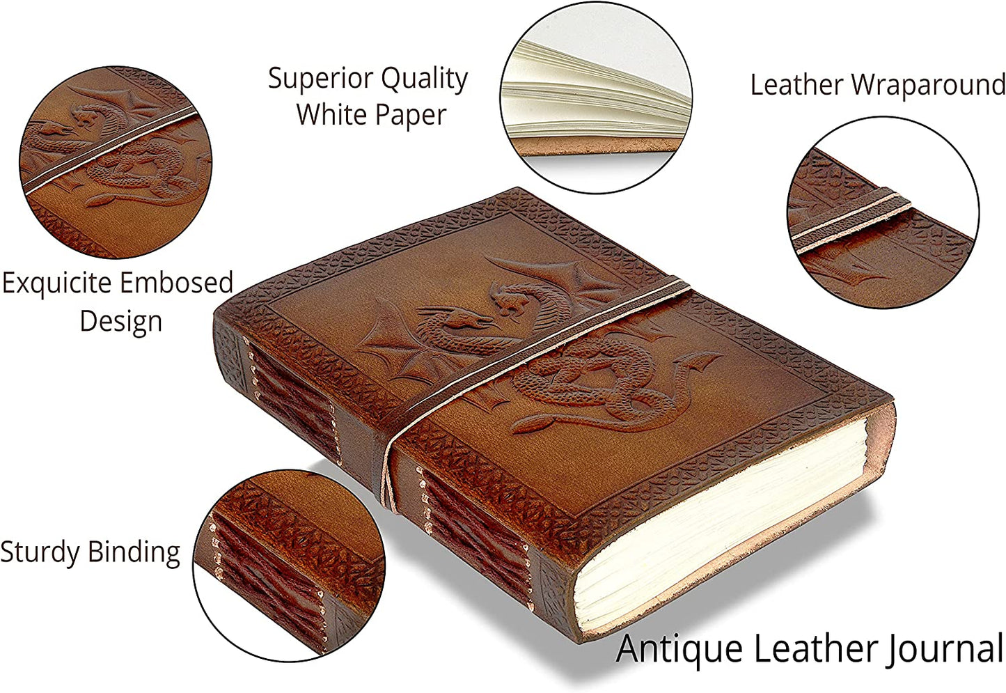 Antique Leather Journal, Leather Bound Writing Pad, Dragon Embossed Blank Unlined Paper Notebook for Travel, Office, Thoughts, Sketching with Wraparound Tie, Gift for Men and Women, Brown 7X5 Inches