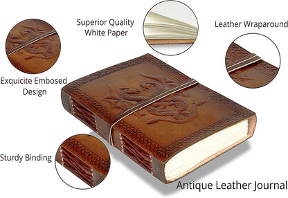 Antique Leather Journal, Leather Bound Writing Pad, Dragon Embossed Blank Unlined Paper Notebook for Travel, Office, Thoughts, Sketching with Wraparound Tie, Gift for Men and Women, Brown 7X5 Inches