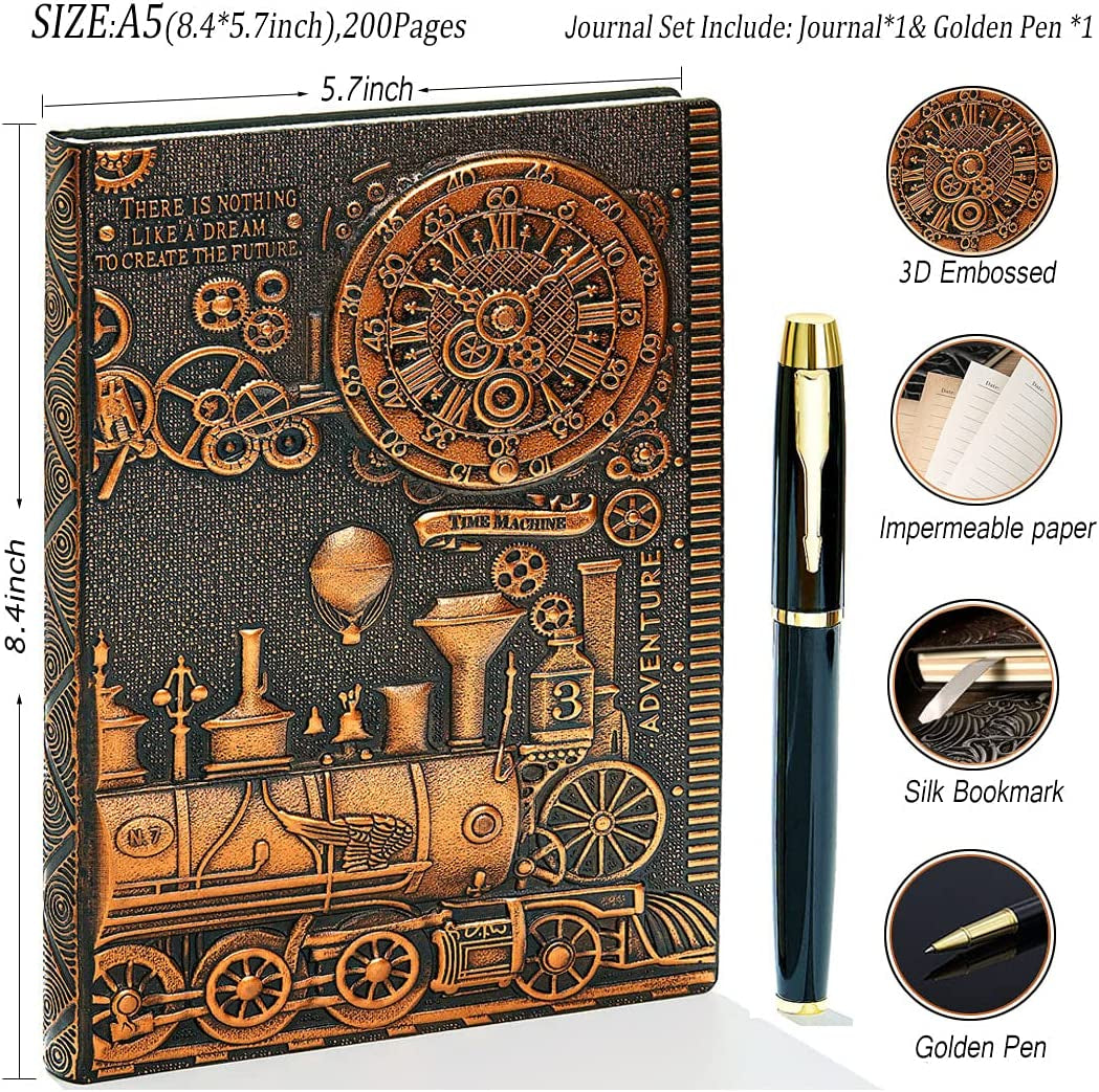 Vintage 3D Embossed Leather Writing Journal with Diamond Pen Set,A5,200Pages,Antique Handmade Daily Notepad Sketchbook,Travel Diary&Notebook to Write In,For Women Men (Train-(Redbronze))