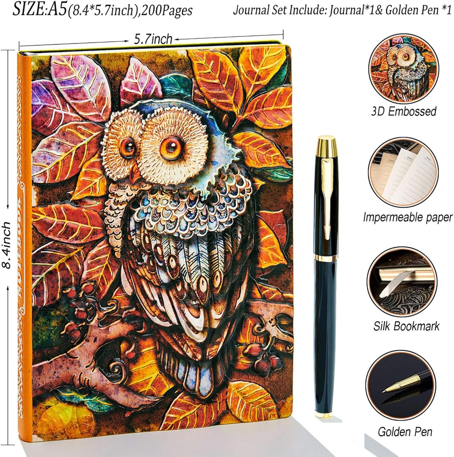 Vintage 3D Owl Cover Embossed Leather Writing Journal +Pen Set,A5,200Pages,Antique Handmade Daily Notepad Sketchbook,Travel Diary&Notebook to Write In,For Women Men