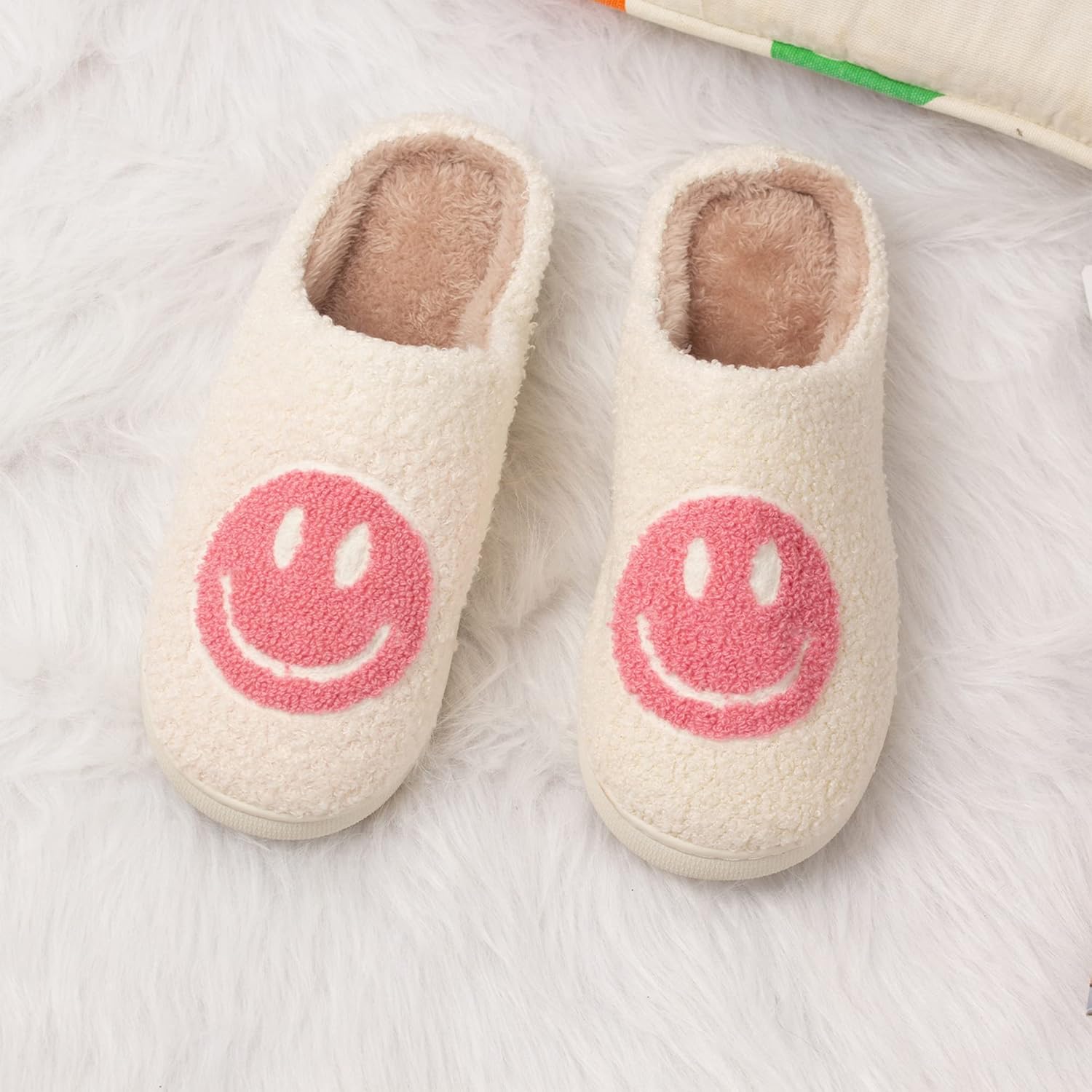 Happy Face Retro Slippers Cozy Comfy Plush Warm Slip-On Winter Soft Fuzzy Indoor House Shoes with Memory Foam for Men Women