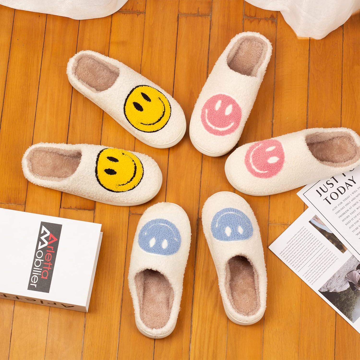 Happy Face Retro Slippers Cozy Comfy Plush Warm Slip-On Winter Soft Fuzzy Indoor House Shoes with Memory Foam for Men Women