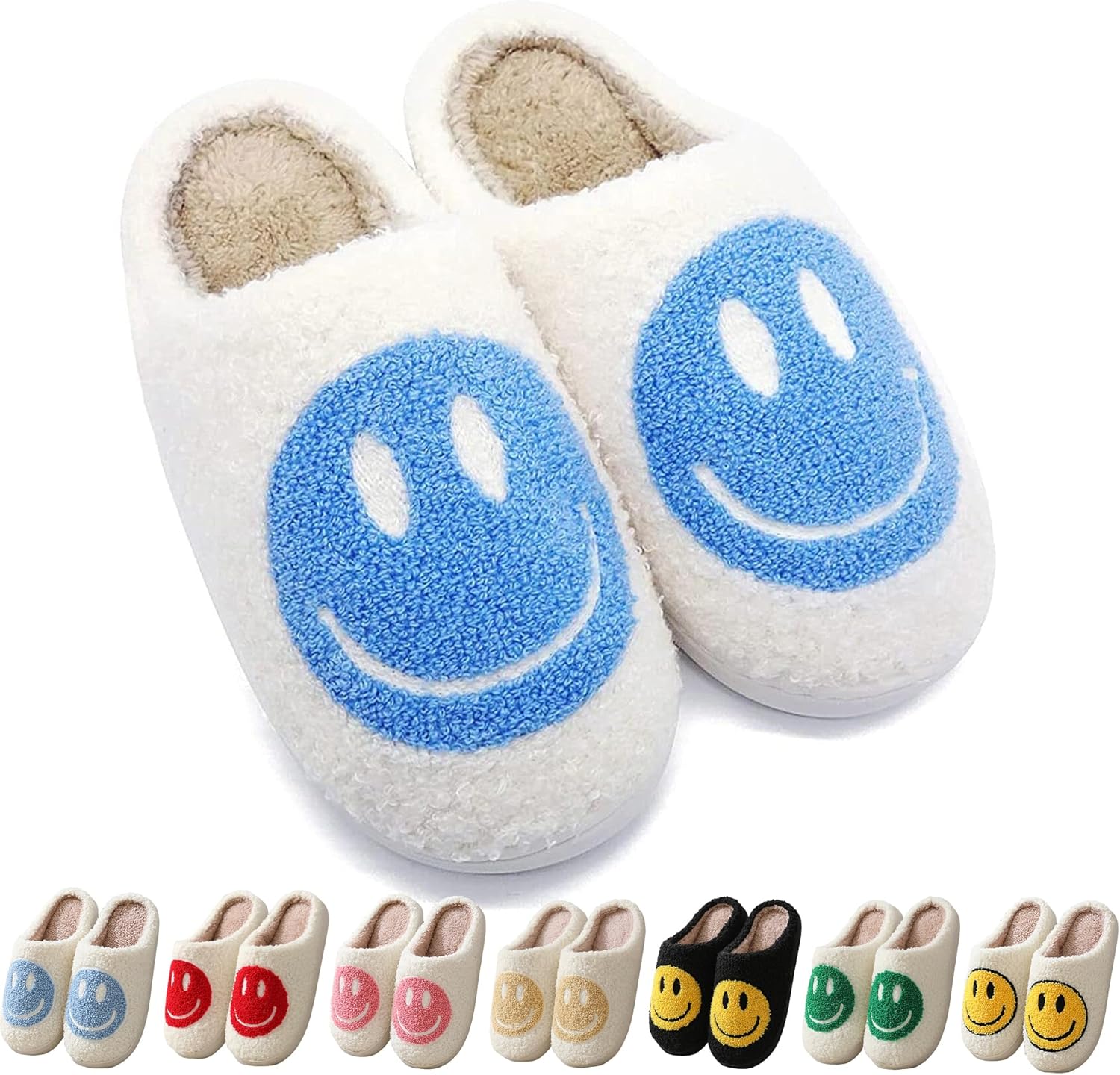 Happy Face Retro Slippers Cozy Comfy Plush Warm Slip-On Winter Soft Fuzzy Indoor House Shoes with Memory Foam for Men Women