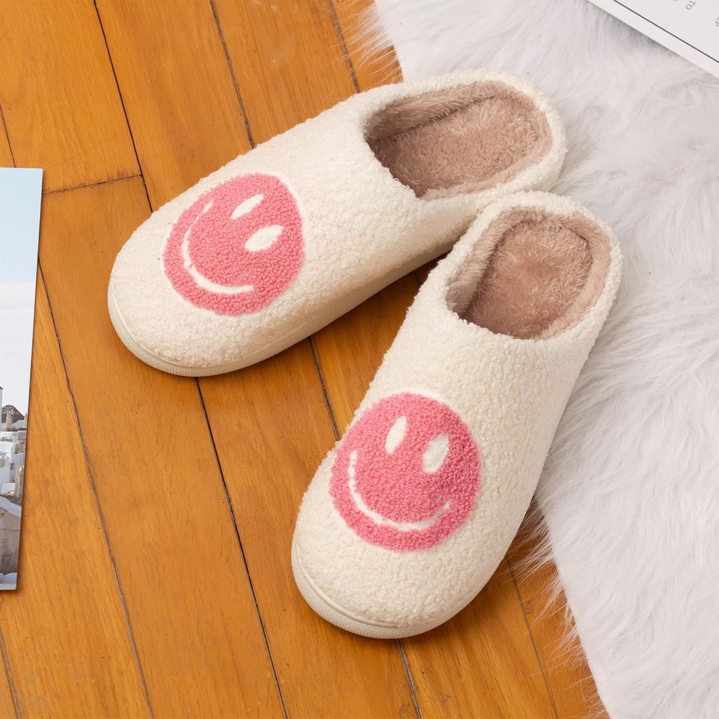 Happy Face Retro Slippers Cozy Comfy Plush Warm Slip-On Winter Soft Fuzzy Indoor House Shoes with Memory Foam for Men Women