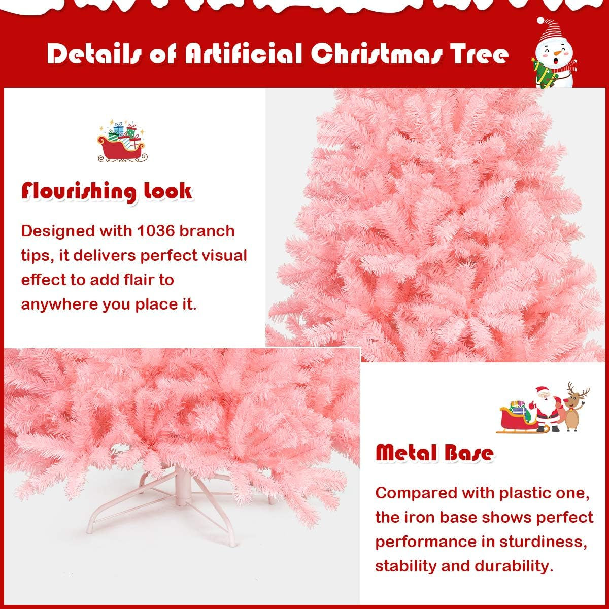 6ft/7.5ft Pink Artificial Christmas Tree, Unlit Hinged Spruce Full Tree Metal Stand, Easy Assembly, Indoor Outdoor