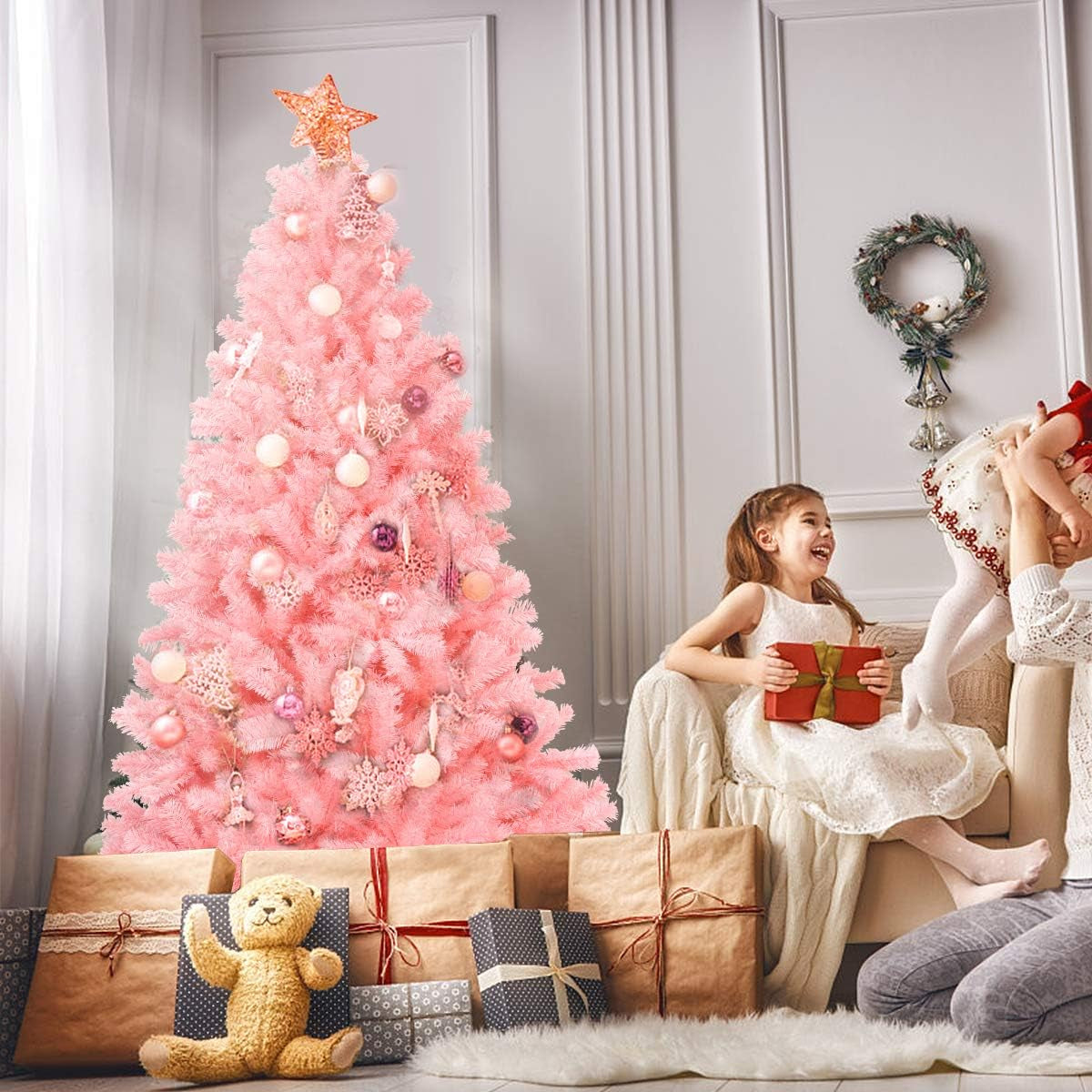 6ft/7.5ft Pink Artificial Christmas Tree, Unlit Hinged Spruce Full Tree Metal Stand, Easy Assembly, Indoor Outdoor