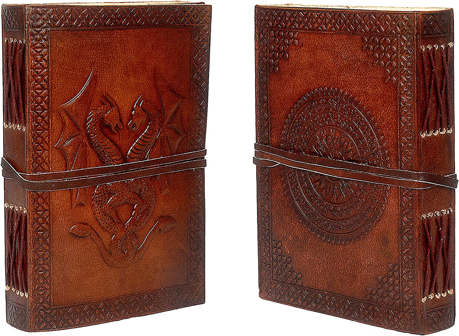 Antique Leather Journal, Leather Bound Writing Pad, Dragon Embossed Blank Unlined Paper Notebook for Travel, Office, Thoughts, Sketching with Wraparound Tie, Gift for Men and Women, Brown 7X5 Inches