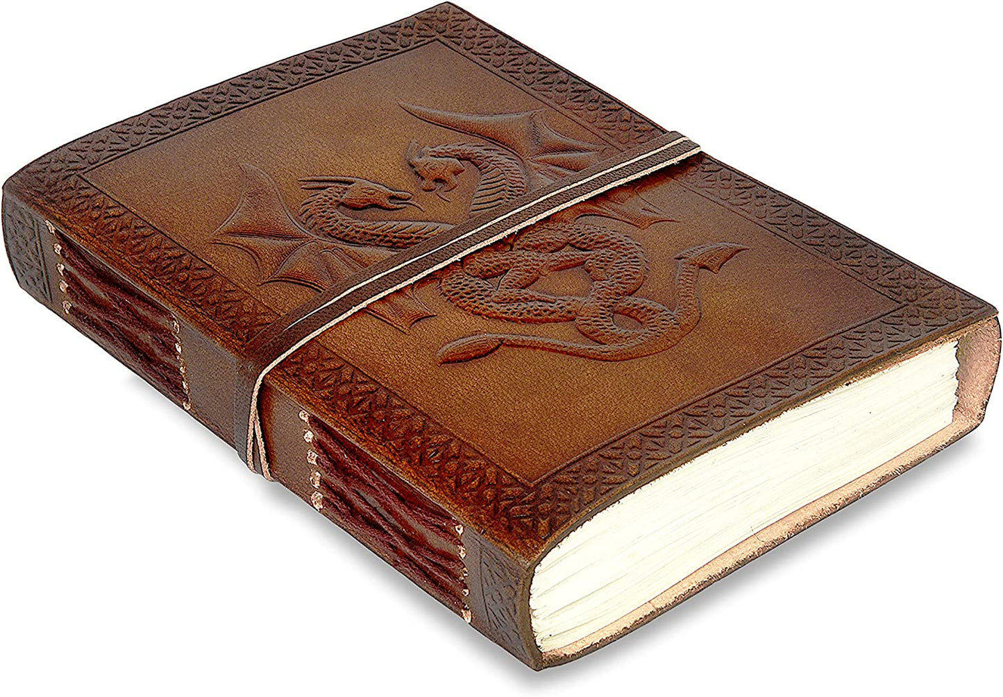 Antique Leather Journal, Leather Bound Writing Pad, Dragon Embossed Blank Unlined Paper Notebook for Travel, Office, Thoughts, Sketching with Wraparound Tie, Gift for Men and Women, Brown 7X5 Inches