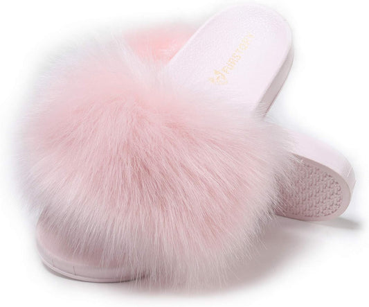 Women's Furry Slides Faux Fur Slides Fuzzy Slippers Fluffy Sandals Outdoor Indoor